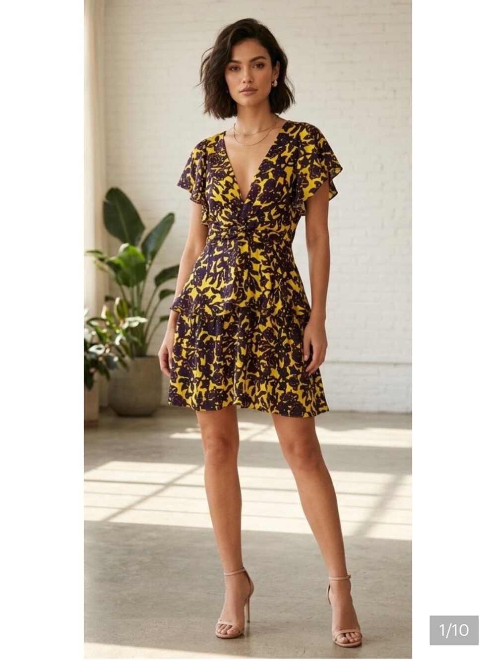 A.L.C. Viera Yellow and Purple Silk Floral Ruffle Dress